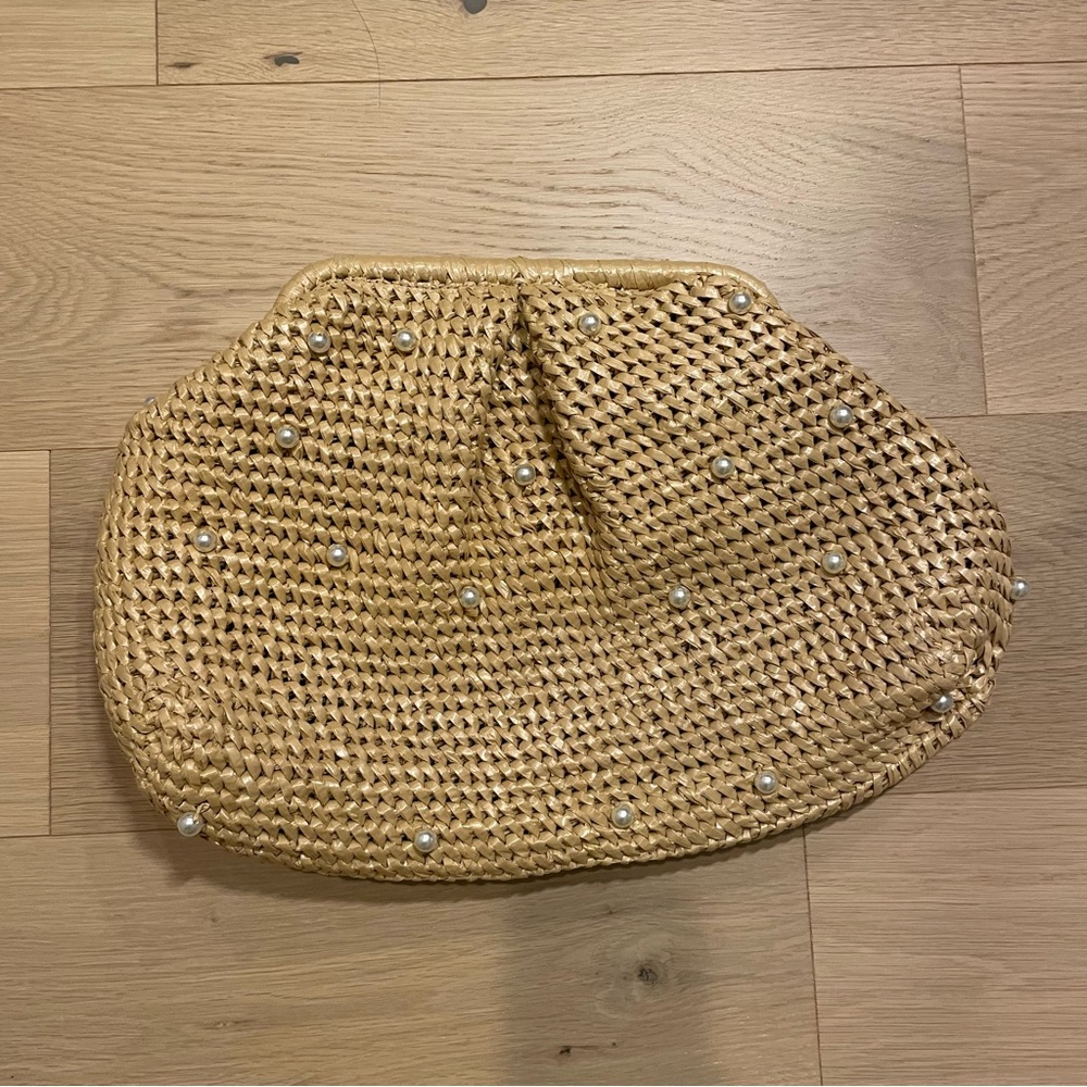 Dolce Vita Tan Woven Clutch with Pearl Accents